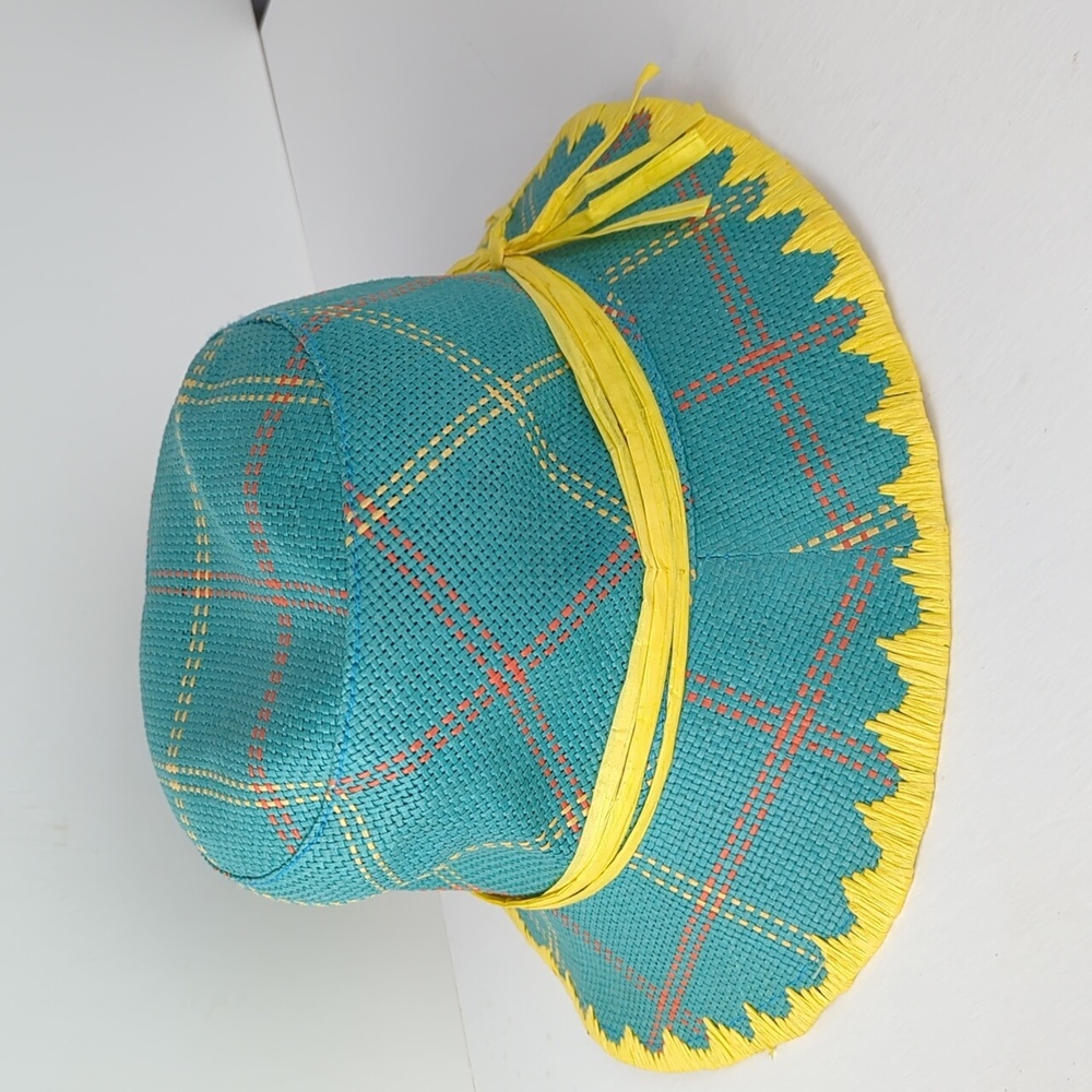 AURORA Deadstock Vintage Blue Yellow Woven Paper Bucket Hat